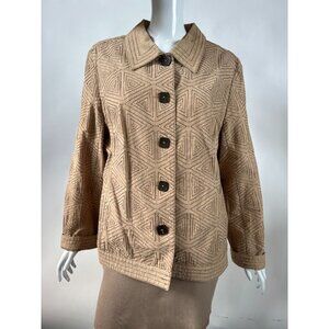 RQT Womens Beige Embroidered Linen-Cotton Jacket Size 18 Geometric Pattern Butto